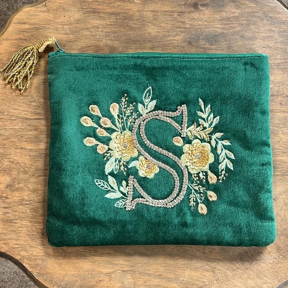 Emerald Green small pouch makeup bag with “s” jeweled and floral